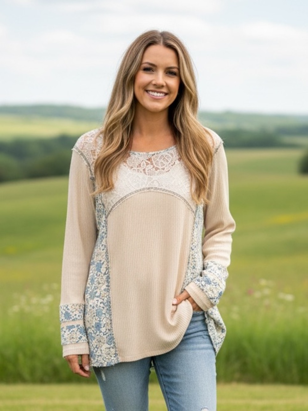 POL NEW Women’s Cream Lace-Trim Patchwork Long Sleeve Top Size Small